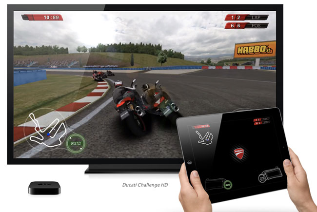 With AirPlay you can use your iPad as a controller and have the TV display the game action